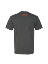 Load image into Gallery viewer, The back of a Charcoal Logo Tee with orange lettering.