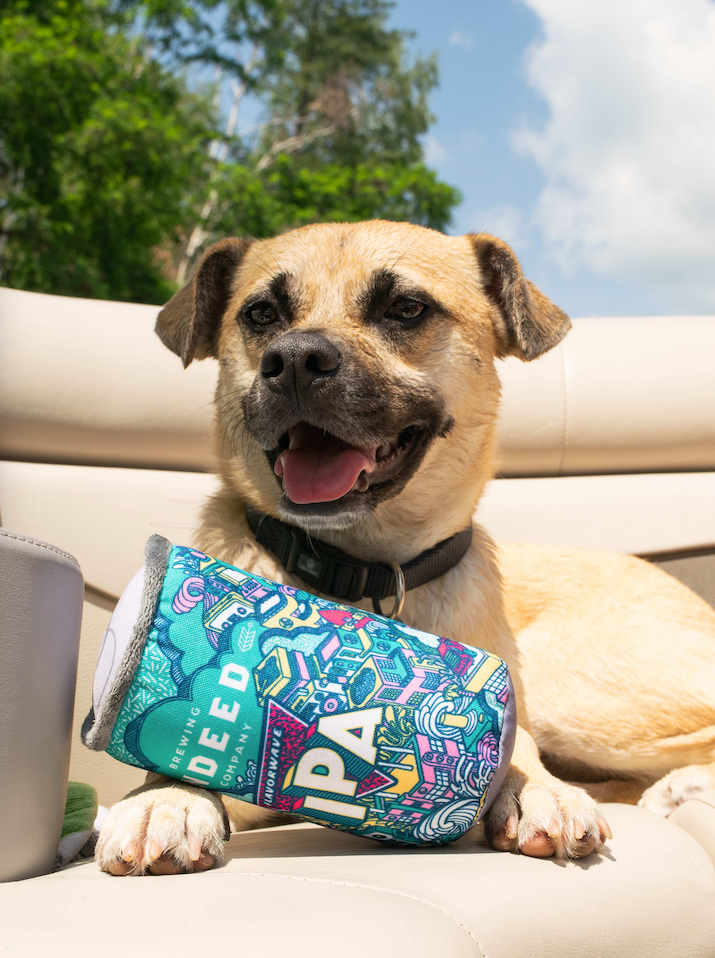 A Flavorwave IPA Plush Dog Toy by Pride Bites is sitting in the back seat of a boat.