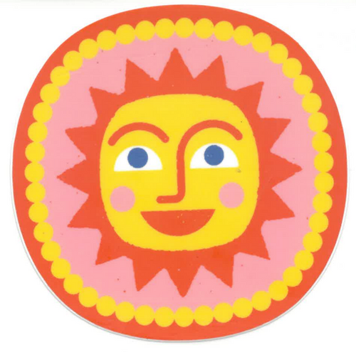 A Brightside Sticker from Sticker Mule with a sun face on it.