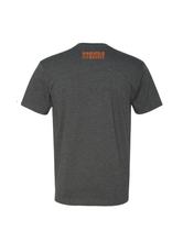 Load image into Gallery viewer, The back of a Charcoal Logo Tee with orange lettering.
