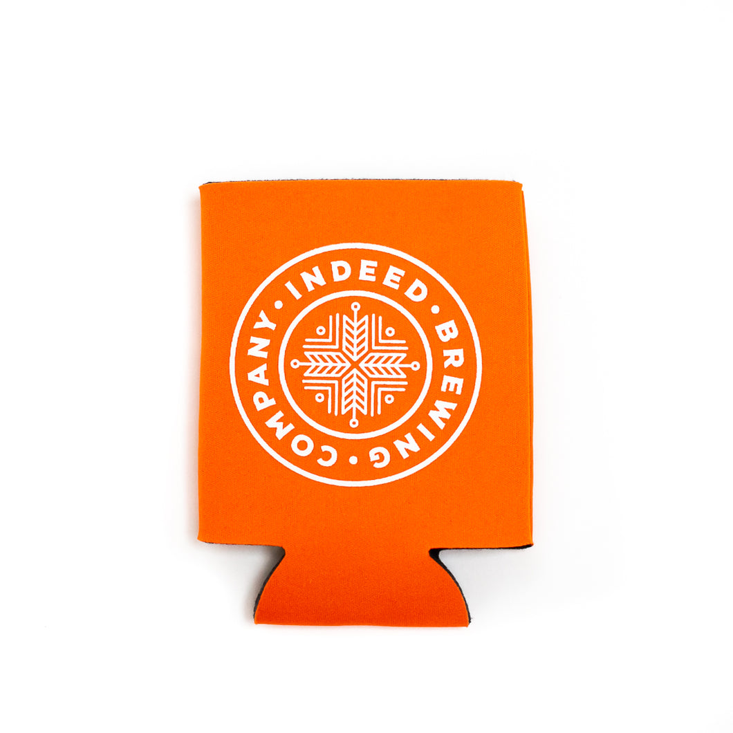 An Indeed Brewing Logo Coozie with a white logo on it.