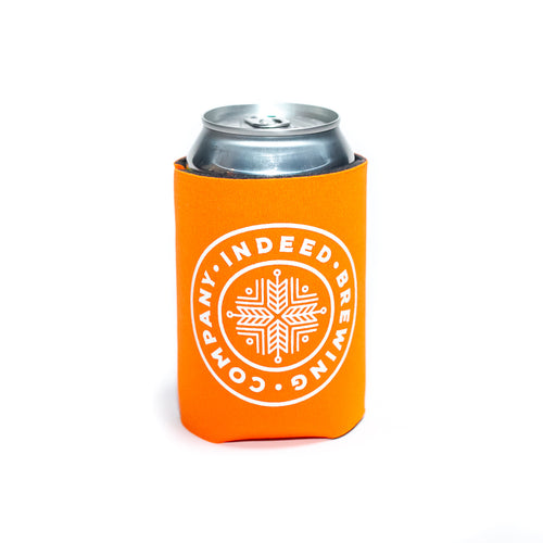 An Indeed Brewing Logo Coozie with a brand name logo on it.