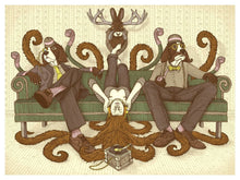 Load image into Gallery viewer, Three people sitting on a couch with Chuck U Prints by Indeed Brewing Company tentacles.

