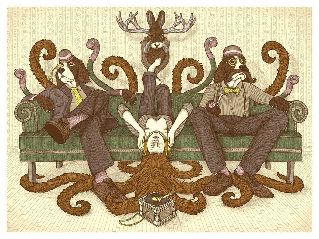 Three people sitting on a couch with Chuck U Prints by Indeed Brewing Company tentacles.